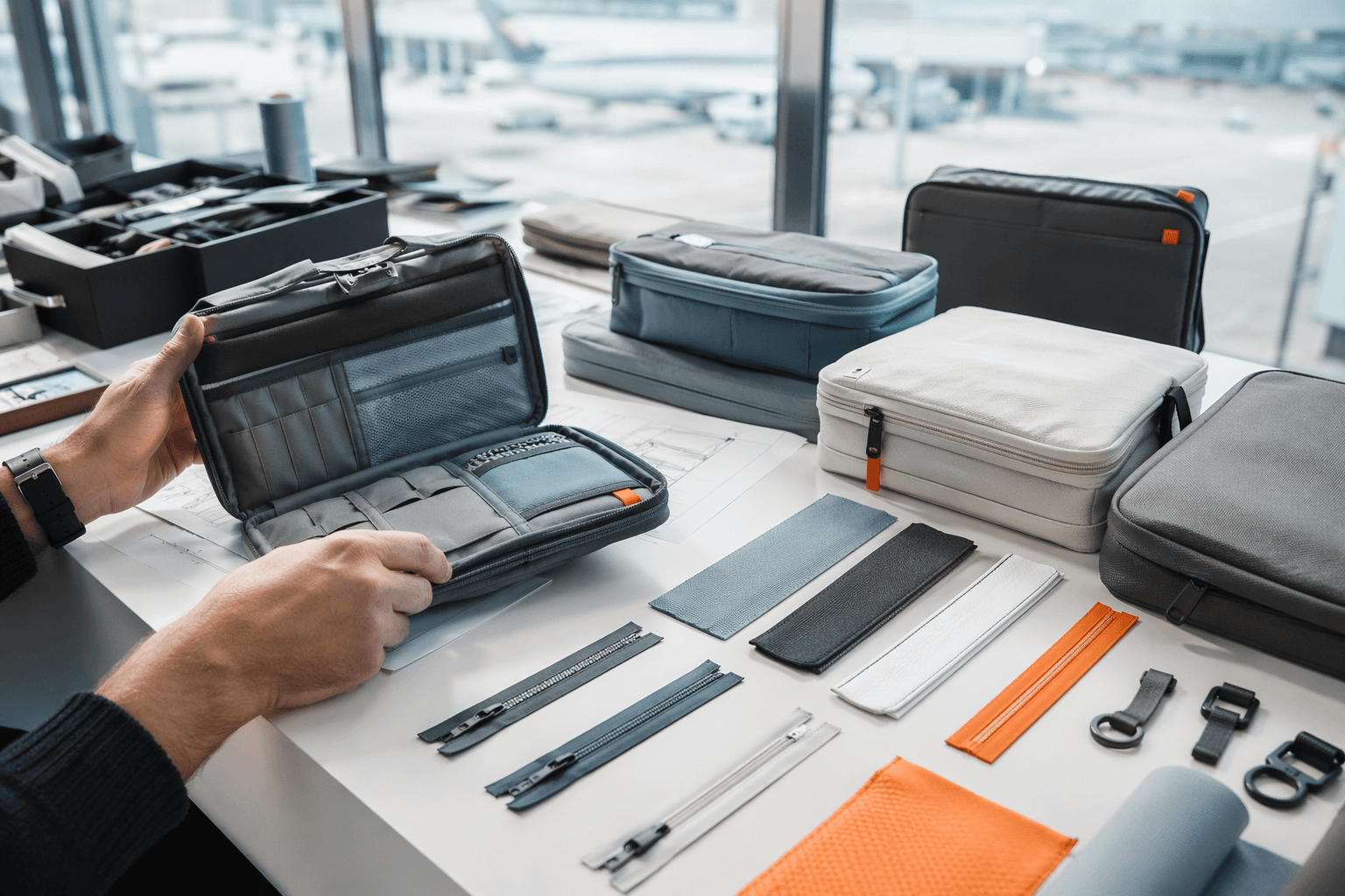 Travel organiser products being checked for quality on a workshop desk