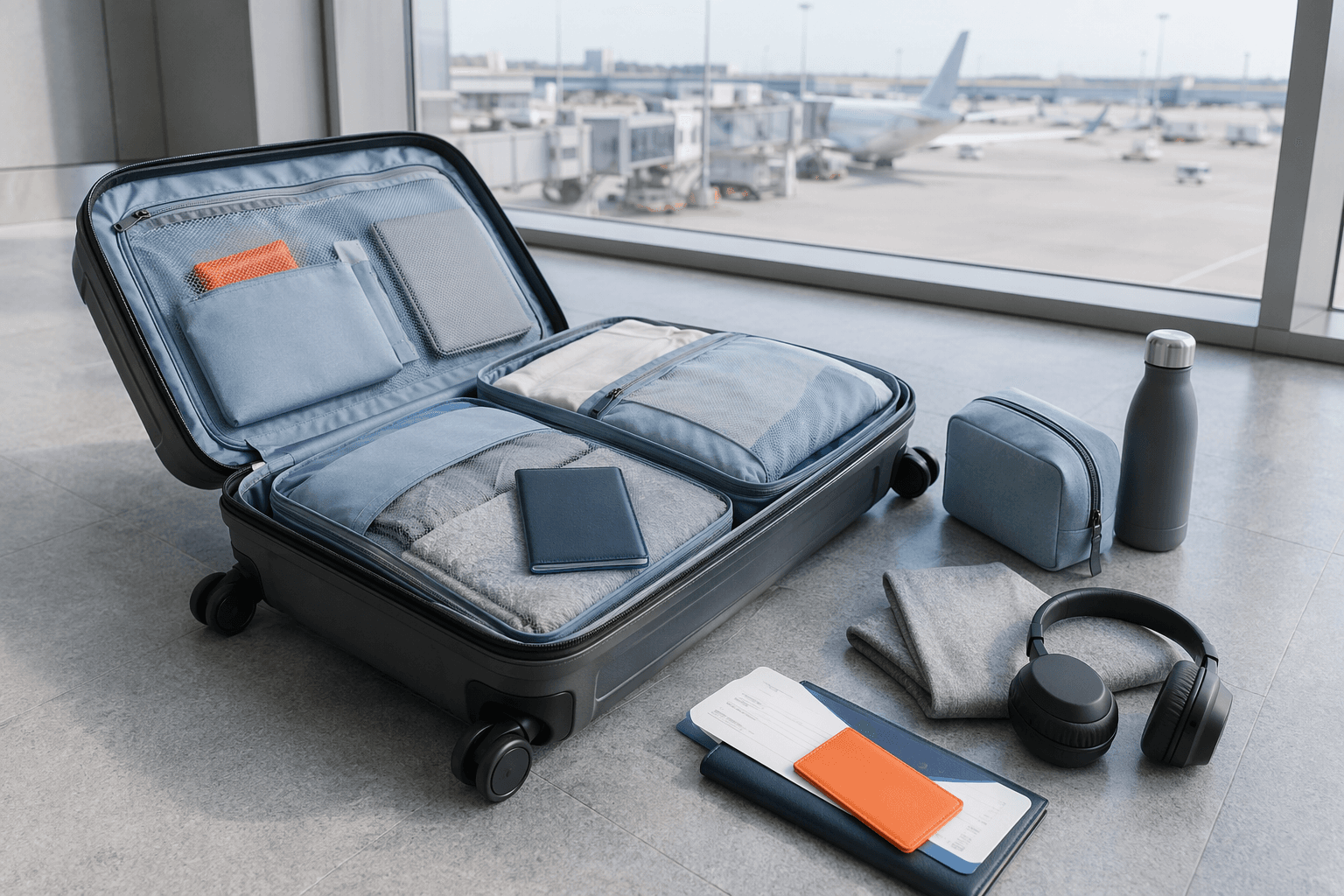 An open carry-on suitcase organised with Leevaph packing cubes, a passport wallet and travel accessories by an airport window